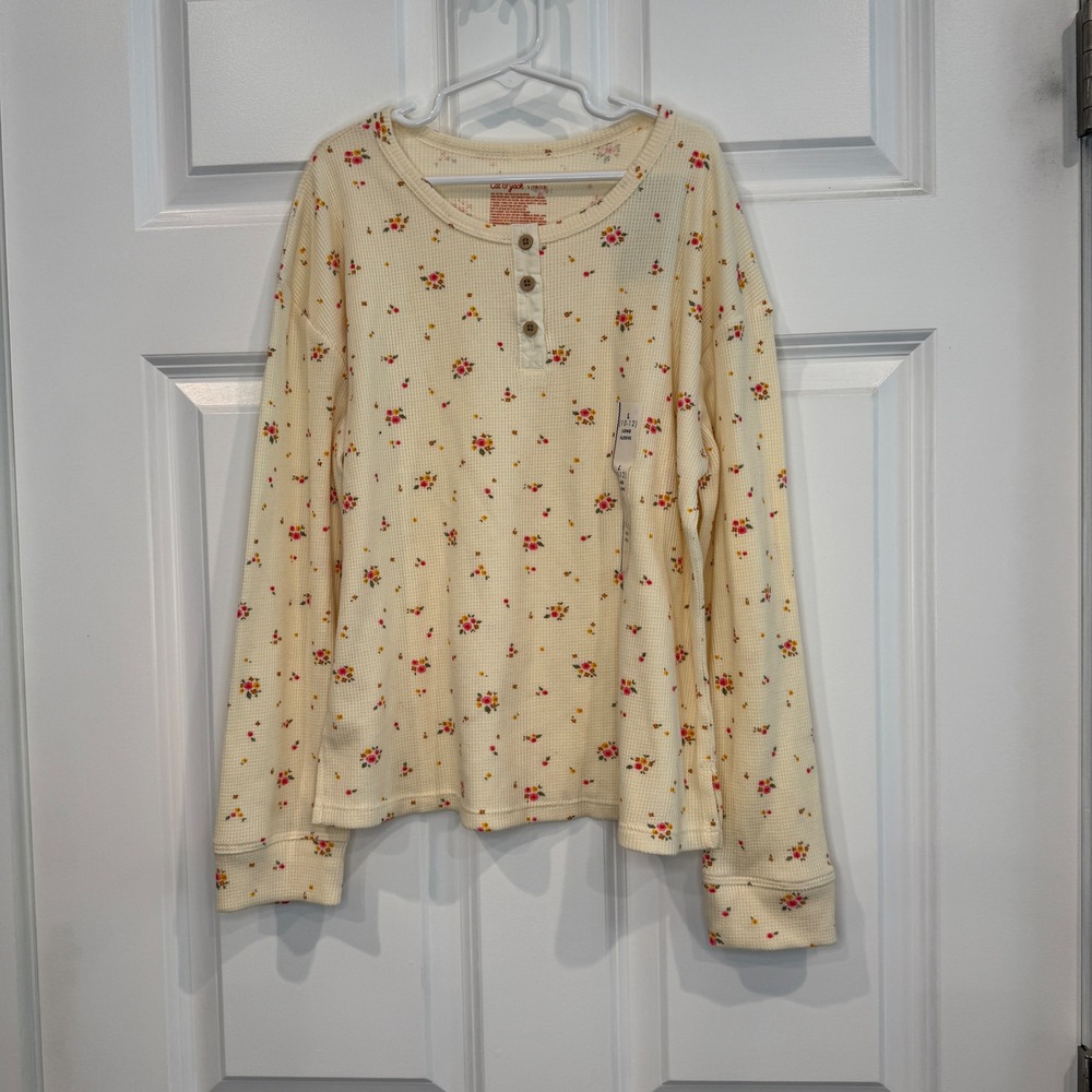Cat & Jack Girls Floral Waffle Knit Henley Long Sleeve Shirt Cream Size L 10/12